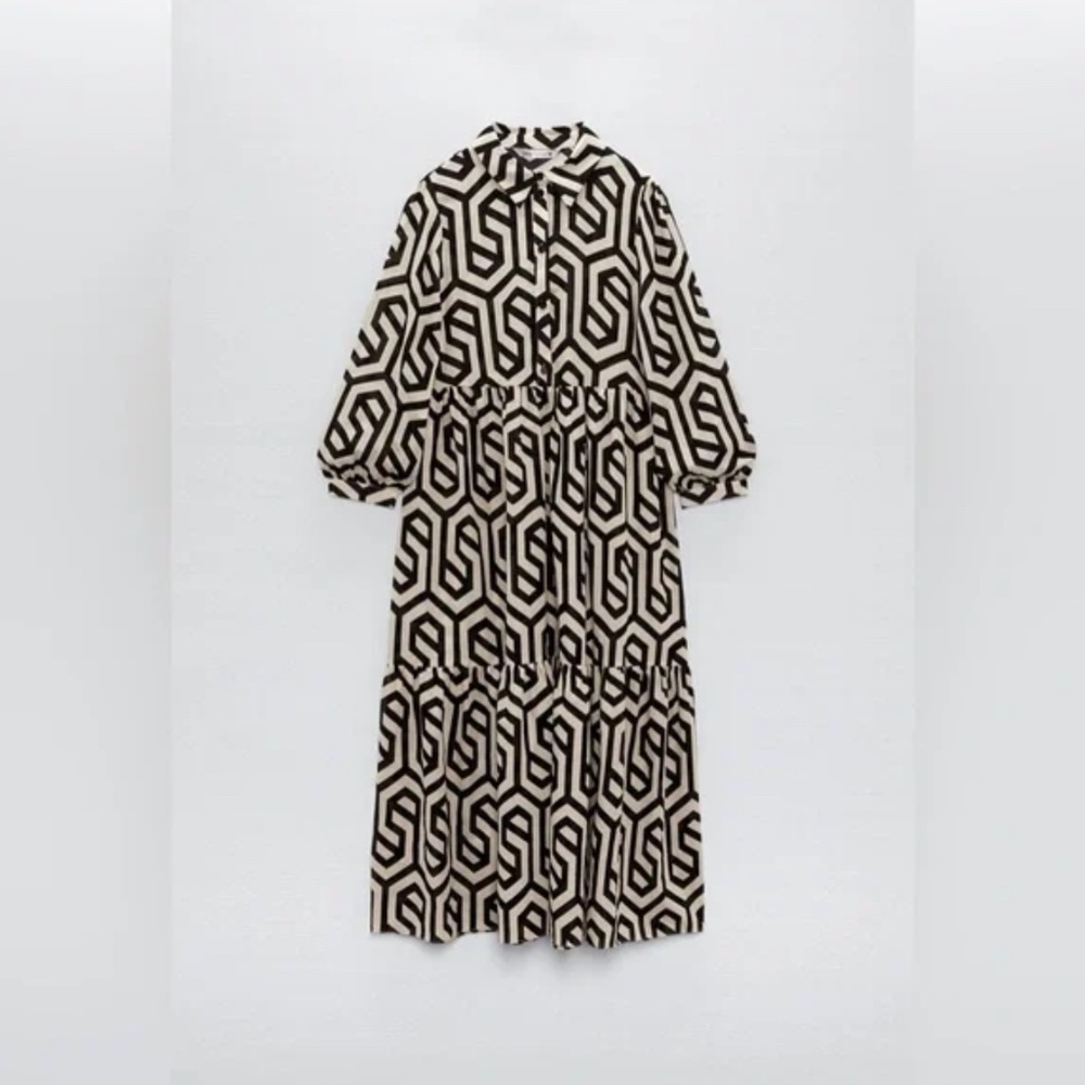 NWT Zara Ecru White Black Geo Geometric Print Karen Tiered Midi Dress